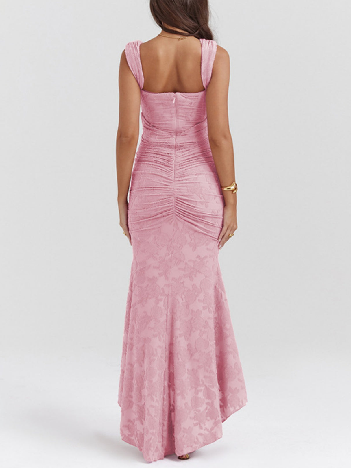 Jacquard Print Pleated Waist Spaghetti Strap Backless Mermaid Tail Maxi Dresses