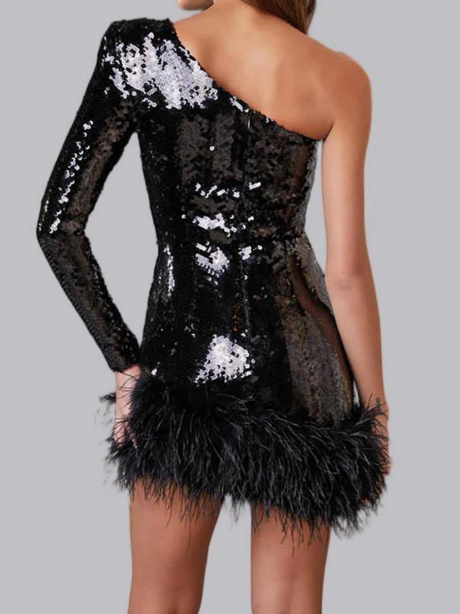 Off-shoulder Sequins Single Sleeve Feather Short Dress
