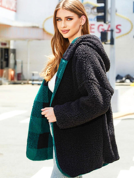 Reversible Christmas Cardigan Pocket Hooded Plaid Jacket