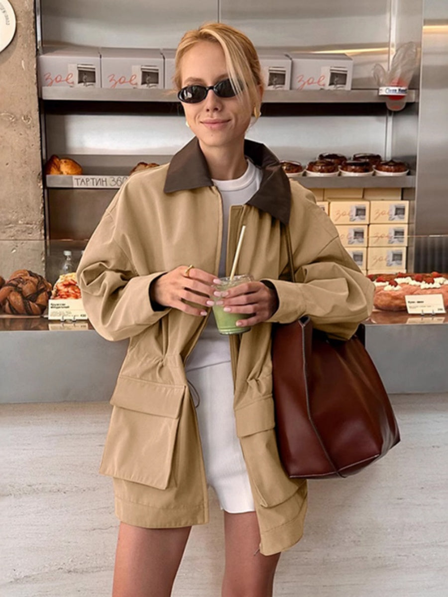 Regular Large Pockets Zipper Paneled Collar Trench Coat
