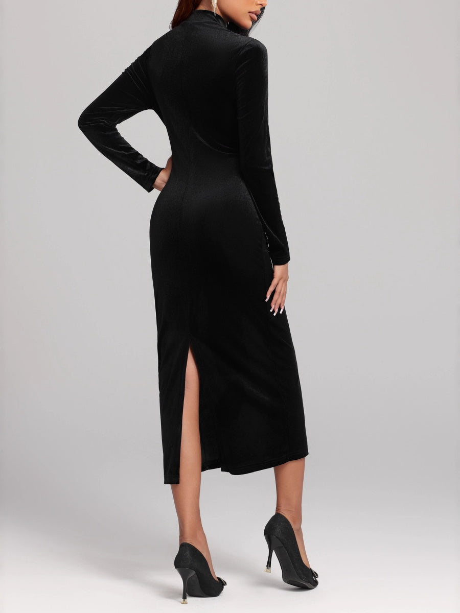 Hip-wrapped Velvet Turtleneck Square Collar Stitching Back Slit Elegant Long Dress