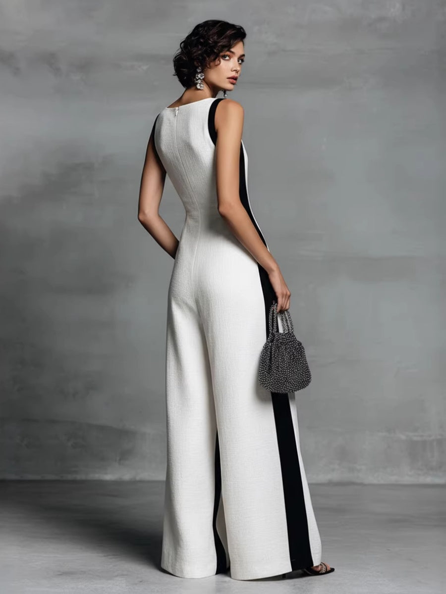 Black And White Cotton Linen Color-blocked Spaghetti Strap Jumpsuit