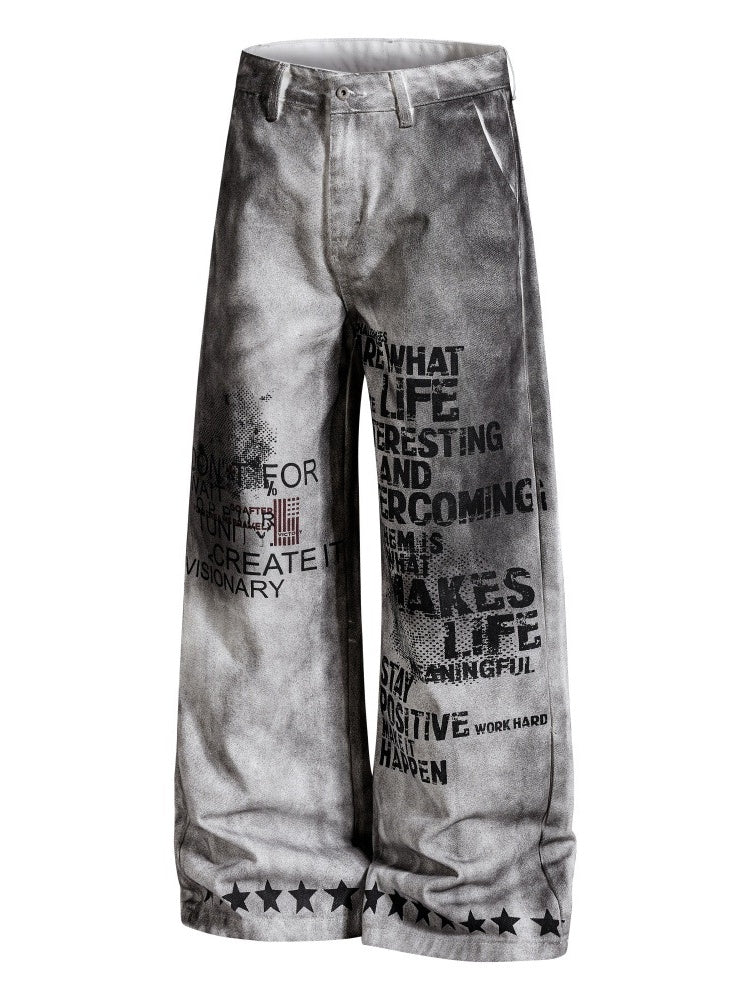 Post-apocalyptic Heavy Industry Distressed Wide-leg Punk Letter Printed Straight-fit Cargo Trousers