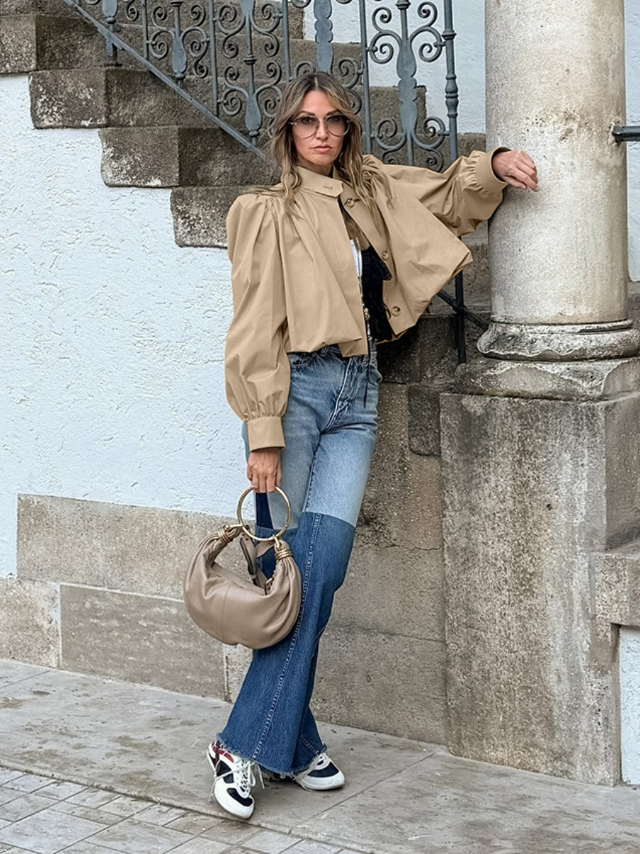 Short Pleated Lantern Sleeve Trench Coat