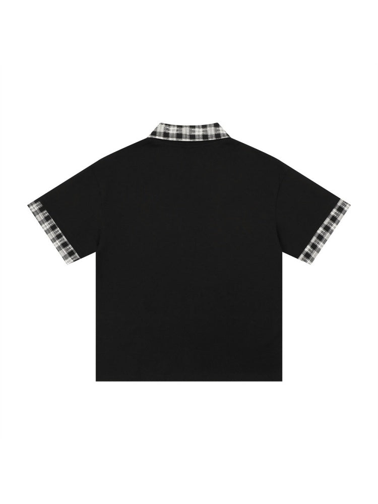 Graffiti Letter Layered-look Patchwork Plaid Polo Shirt