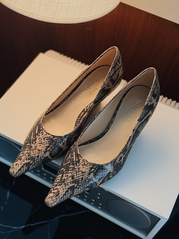 BIUCILI Midnight Phantom Sharp-edged Snakeskin High Heels Elegant And Stylish Wedge Heels
