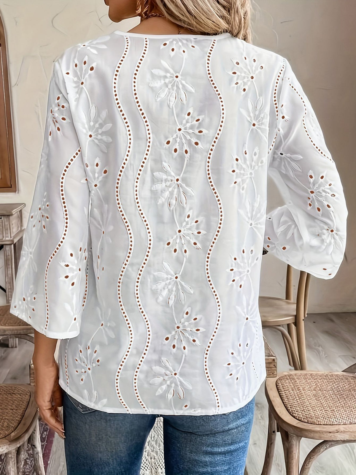 Lace Cutout Chiffon Embroidery V-neck Flare Sleeve Long-sleeved T-shirt