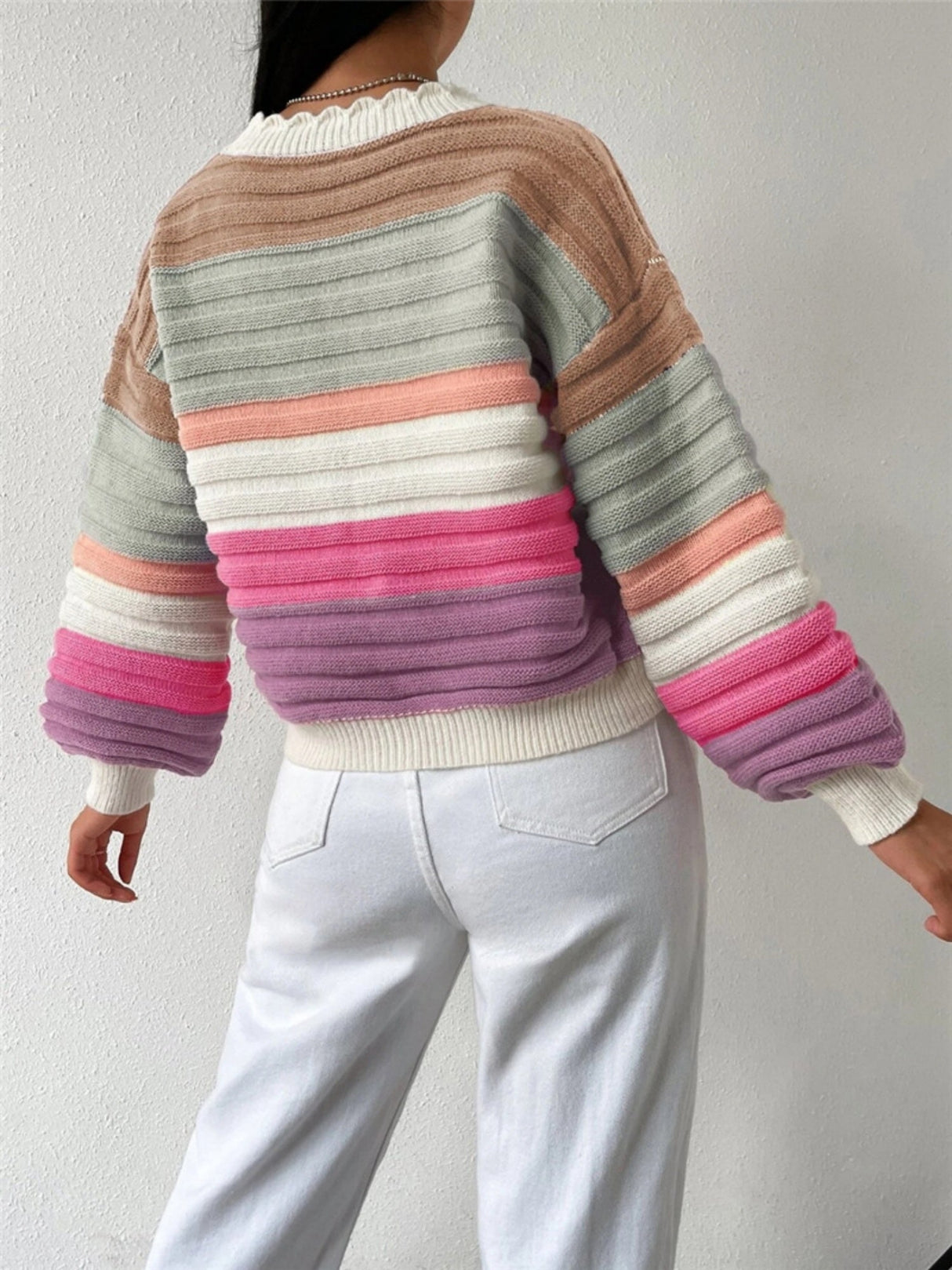Rainbow Stripes Contrasting Colors Buttons Balloon Sleeve Cardigans