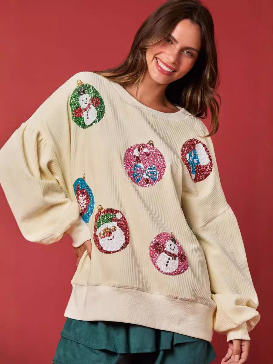 Christmas Egg Sequined Long Sleeve Loose Sweatshirt Pullover Top
