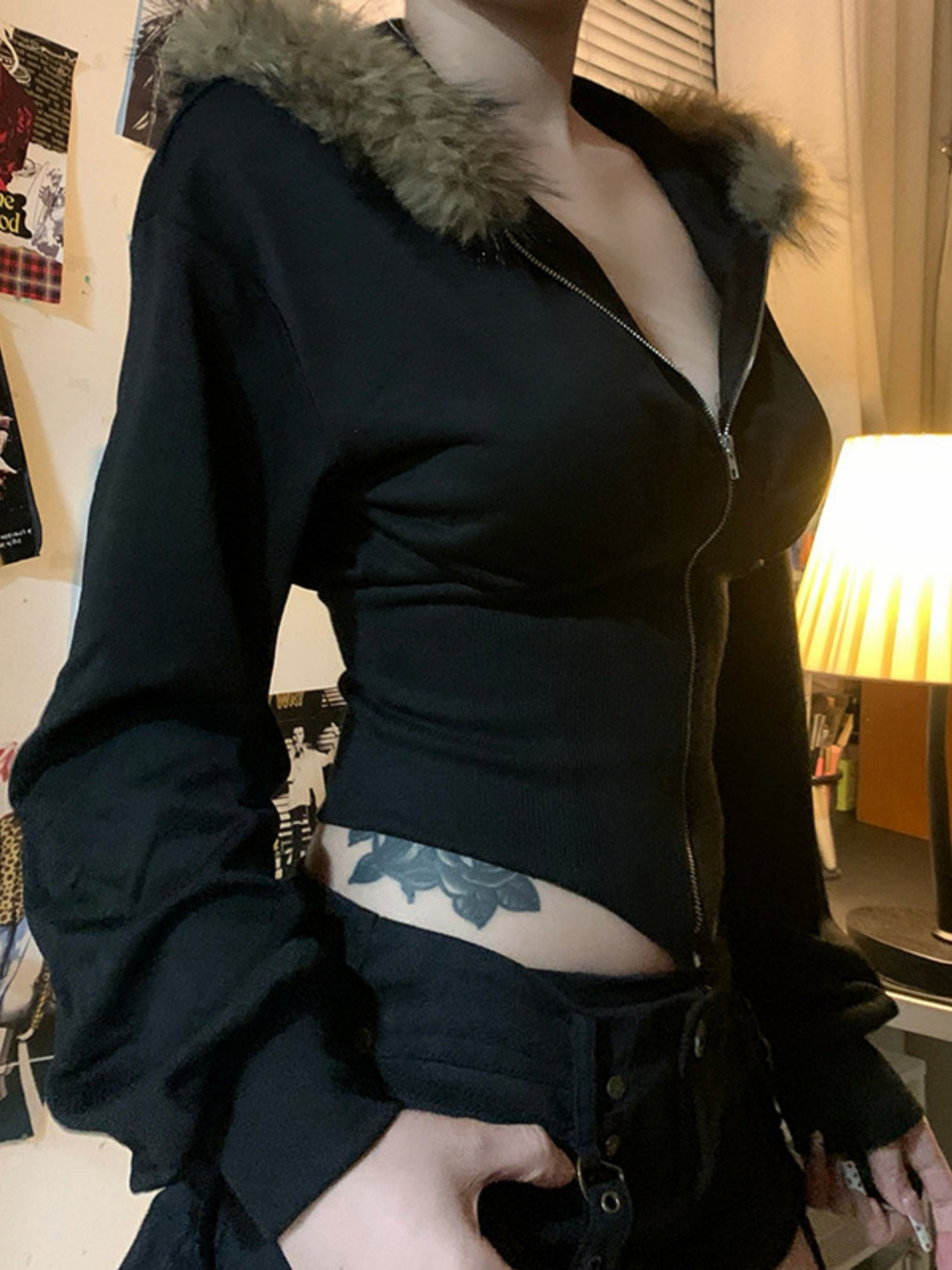 Waist Shaping Plush Patchwork Hoodies Zipper Jackets