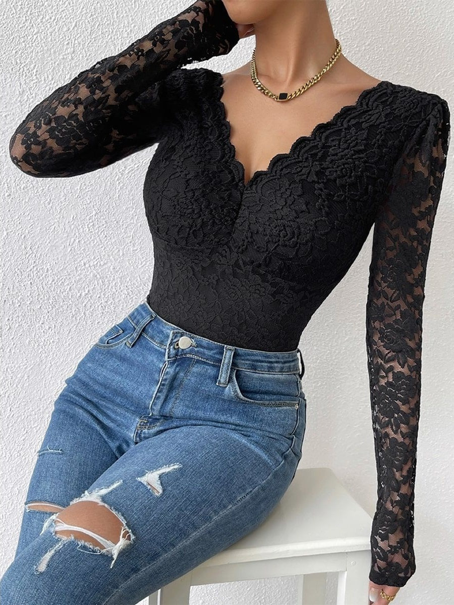 Lace Long Sleeve Perspective Slim Fit Bodysuit