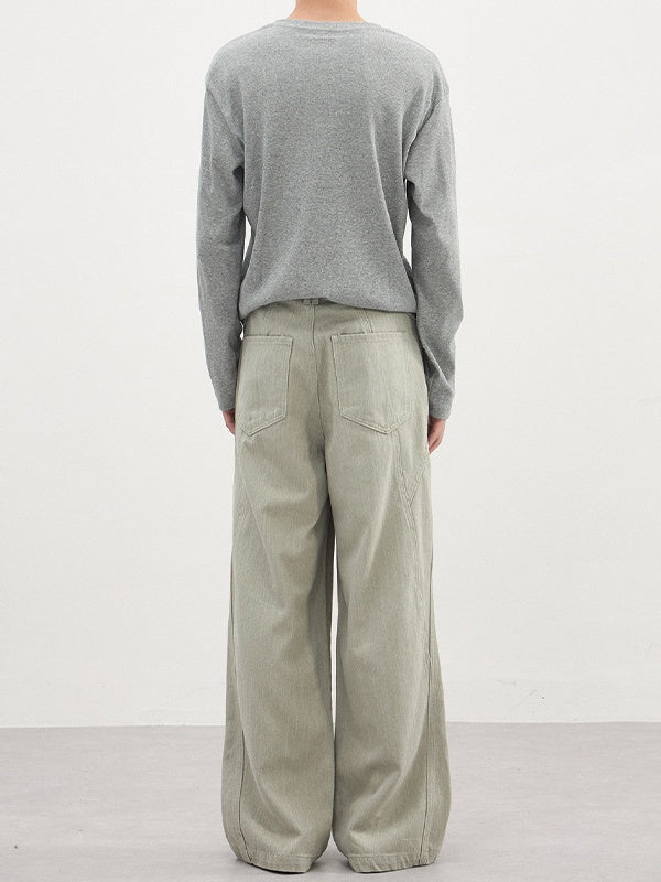 Slub-Weave Color-Block Washed Straight-Leg Pants
