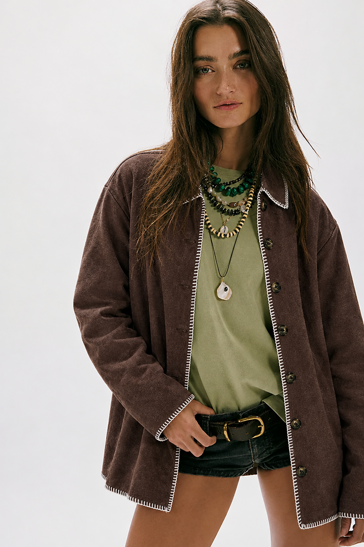 Loose-fitting Faux Suede Coat With Contrasting Trim And Lapel.