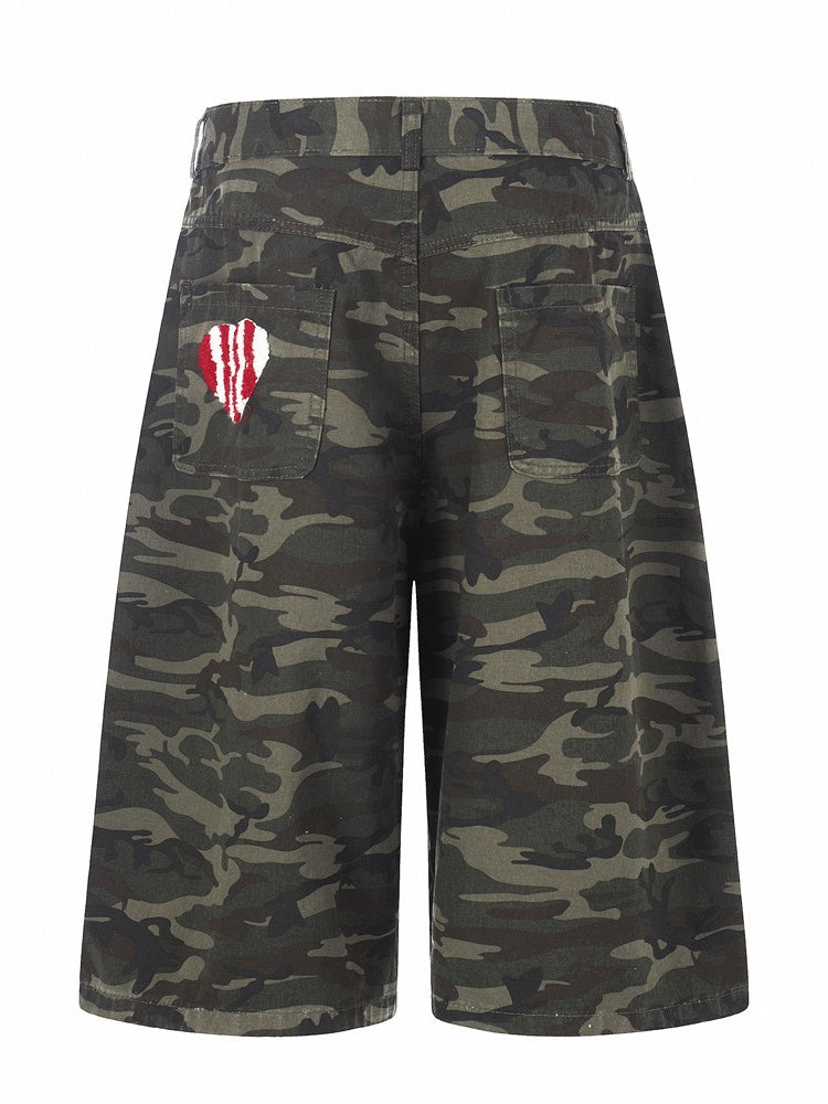 Cartoon Embroidery Camouflage Work Clothes Vibe Wide Leg Five Points Shorts