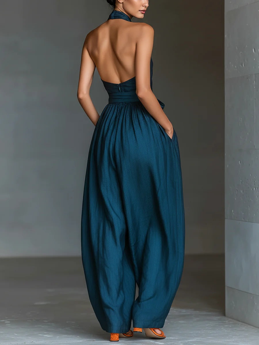 Lace-up Linen Cross-strap Wide-leg Jumpsuit