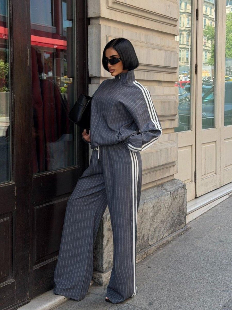 Women's Vertical Striped Three-Stripe Tracksuit Stand-up Collar Zip-up Jacket And High-waisted Wide-leg Trousers Two-piece Set
