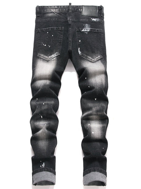 Punk Black Ripped Patch Paint Slim Mid-rise Straight-leg Jeans