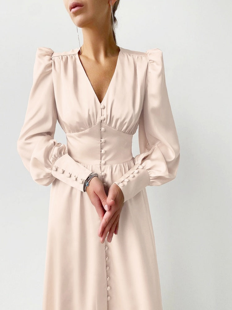 V-neck Satin Waist Retro Maxi Dresses