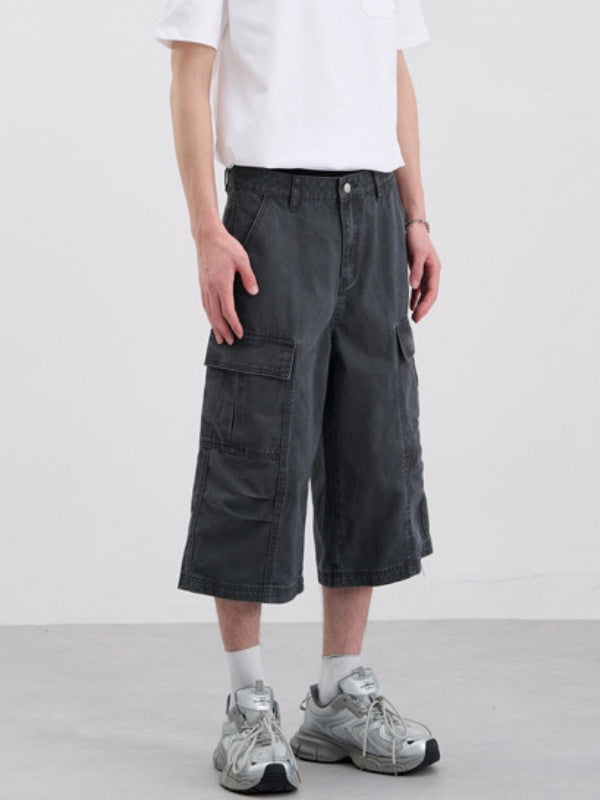 Washed Pleated Multiple Pockets Tooling Baggy 7 Points Shorts
