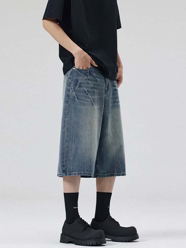 Retro Distressed Lightning Straight-fit 7 Points Denim Shorts