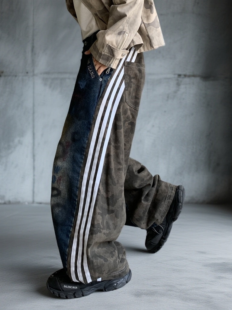Patchwork Vertical Stripes Camouflage Washed Machete Jeans