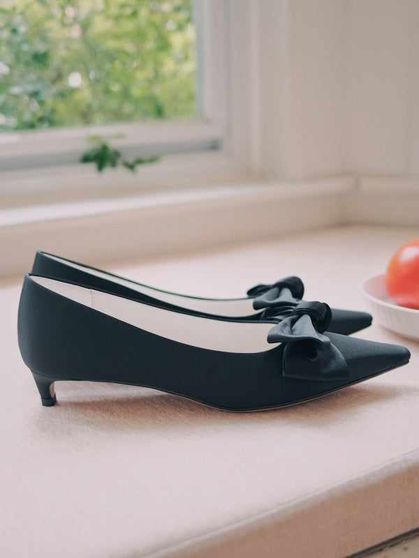 BIUCILI French-style Elegant And Romantic Pointed-toe Silk Satin Kitten Heel Flats For Early Spring.