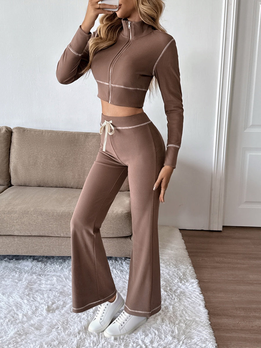 Short Cardigan Coffee brown zipper trousers Knitted two-piece suit