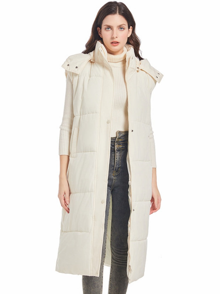 Hooded Zipper Button Vest Long Knee-length Vest Slim Waist Down Vest Jacket