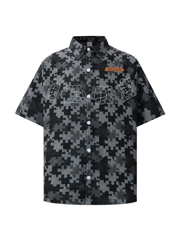 Retro Puzzle Rhinestone-studded Floral Shirts
