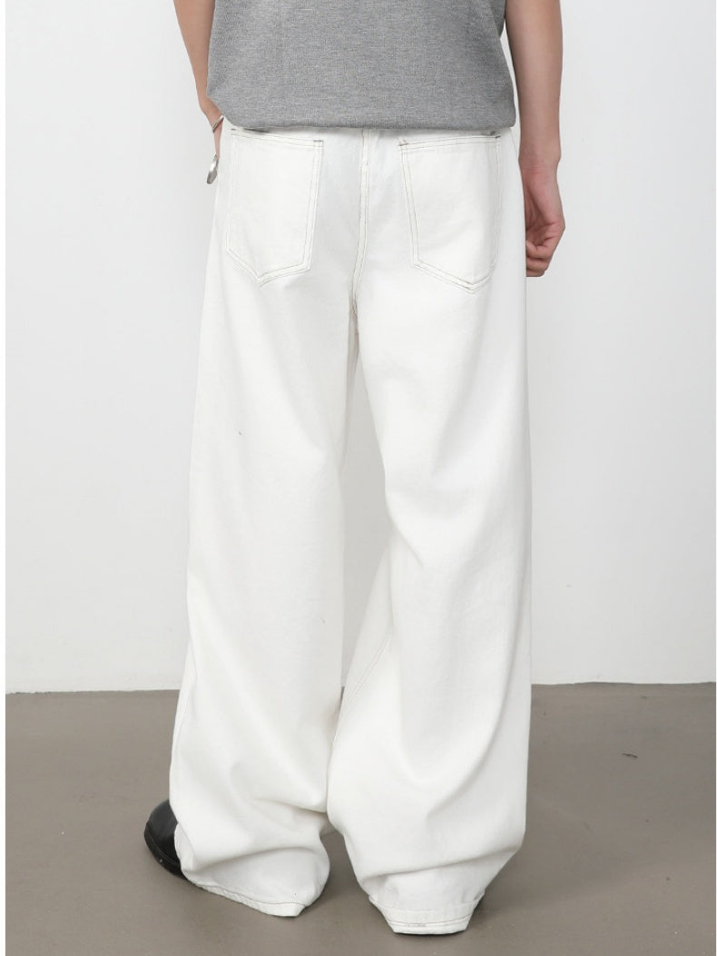 Retro Straight-fit Double Pleat Button Loose-fit Denim Pants