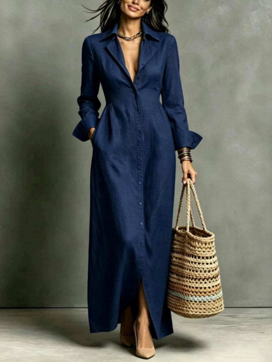 Casual Pocket Solid Color Button-Down Collar Long Sleeve Dress