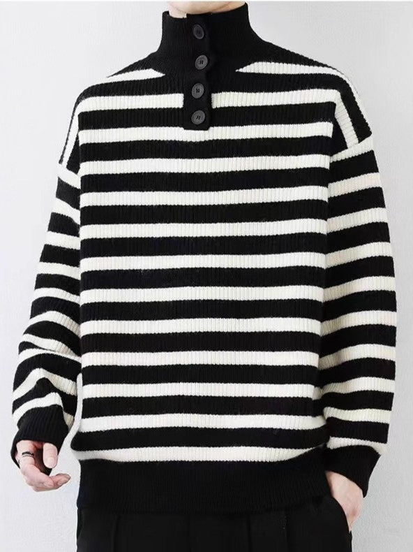 Contrasting Colors Stripes Thickening Red Turtleneck Sweater