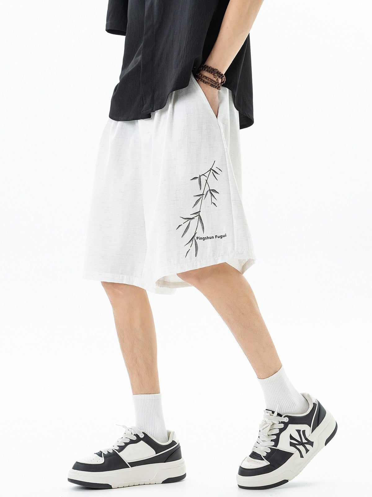 Imitation Linen Texture Printed New Chinese Style Five Points Shorts