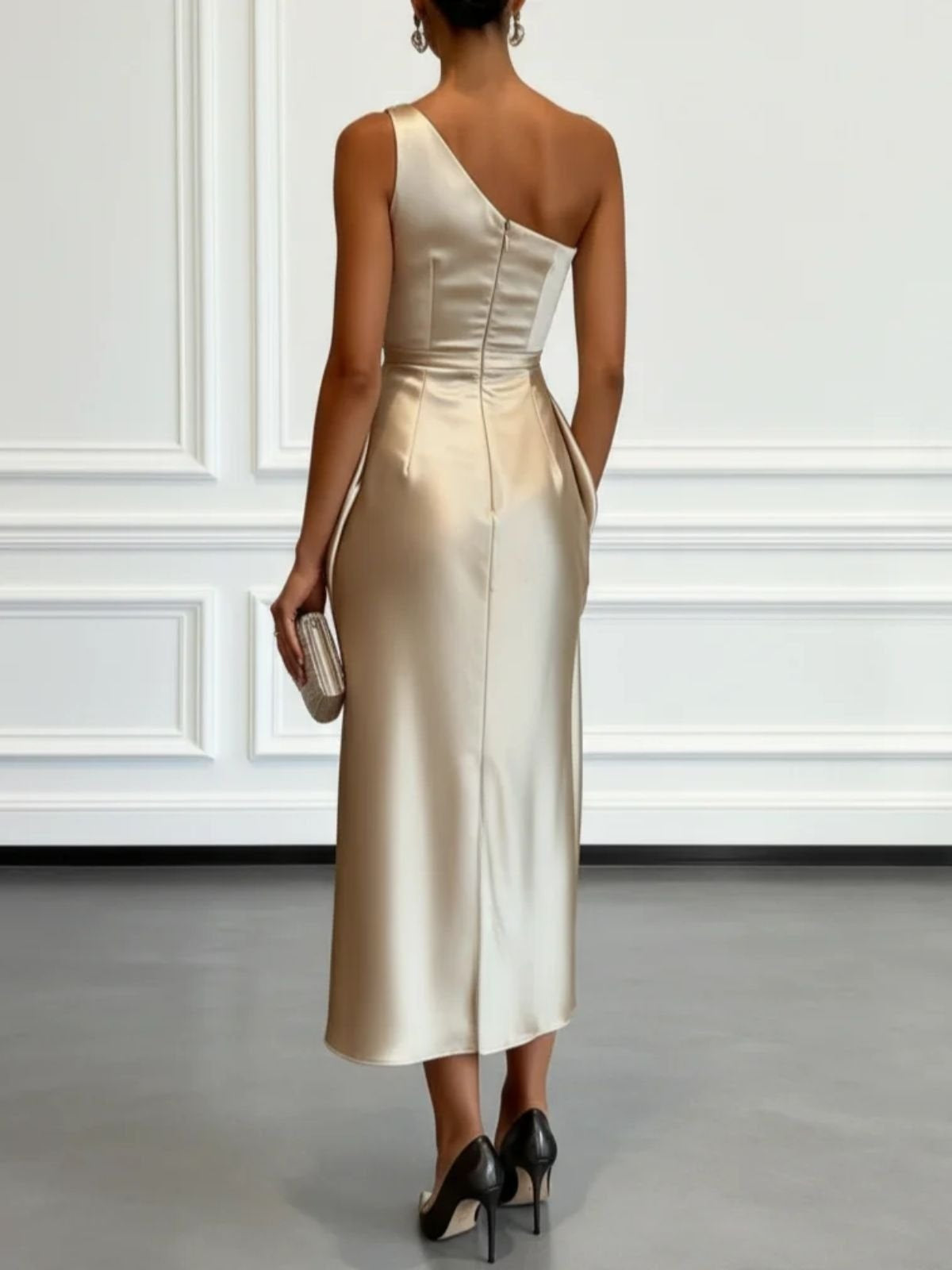 Off-the-shoulder Satin Pleated Maxi Dress