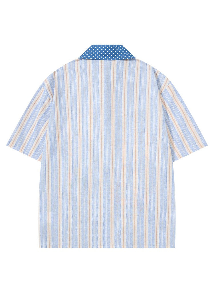 Cartoon Embroidery Vertical Stripe Hip Hop Loose-fit Color-blocked Shirts