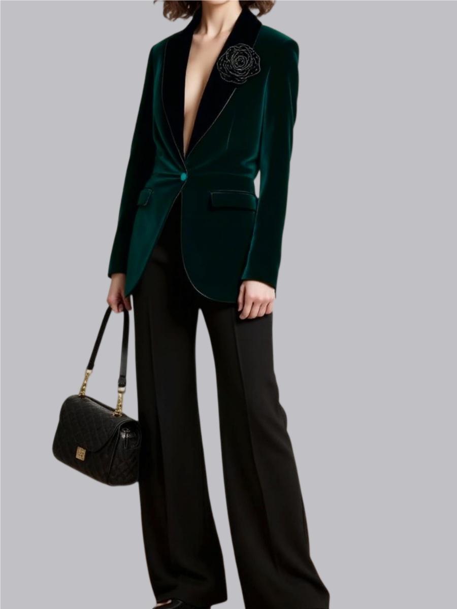 Velvet 3D Flower Brooch Thickened Long Sleeve Single Buckle Grace Profession Blazers