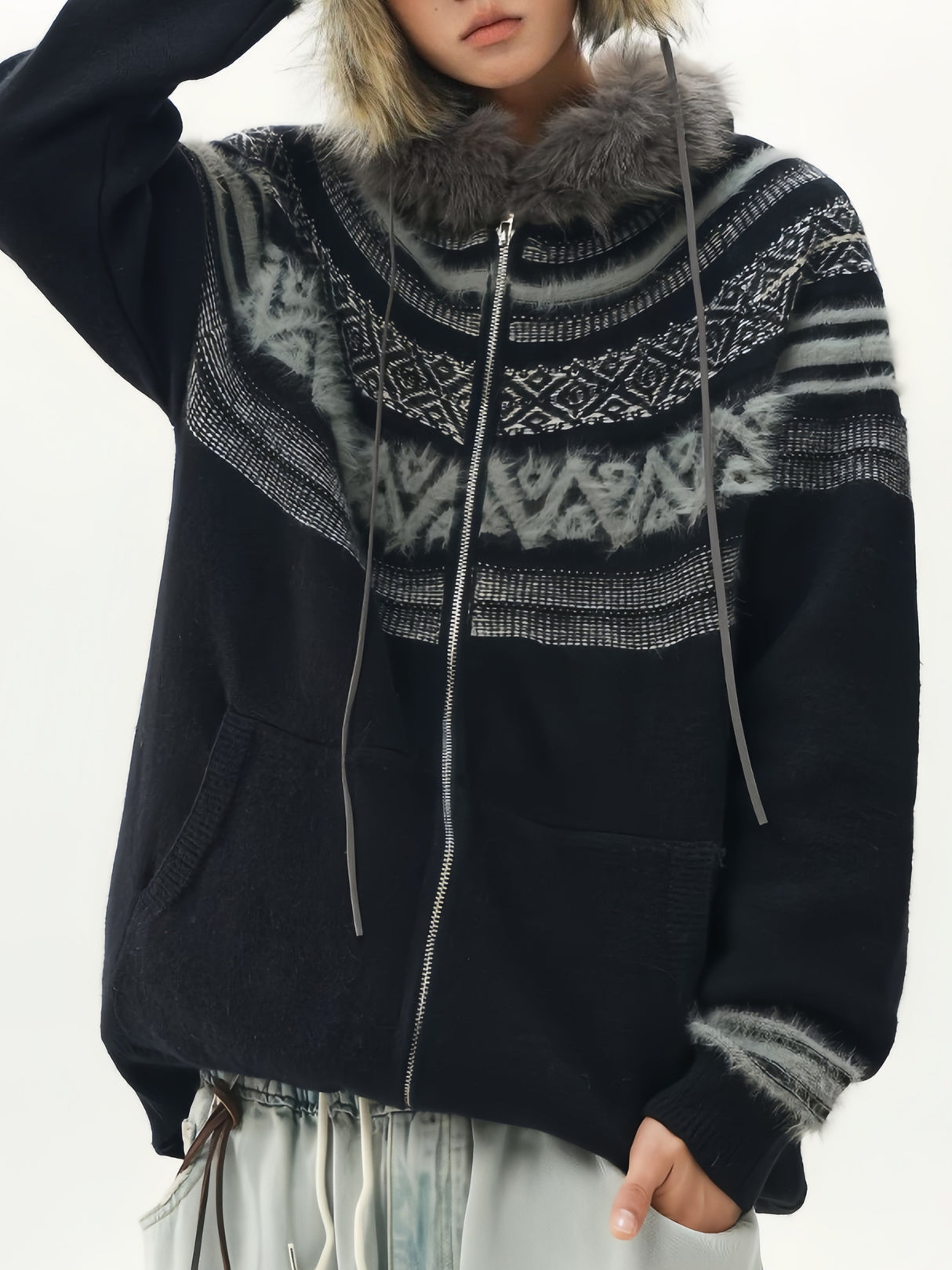 Fair Isle Pattern Fur Collar Hooded Splicing Cardigans