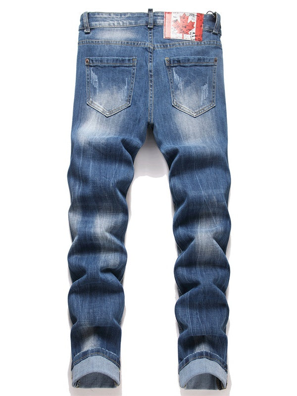 Punk Jeans Blue Hole Slim Fit With Patch Embroidery Mid-rise Jeans