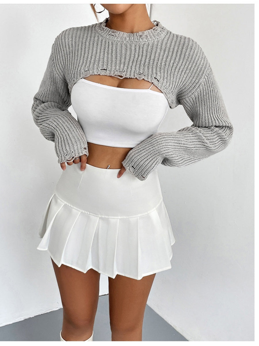 Liber Autumn women's knitted ripped short pullover mesh see-through top