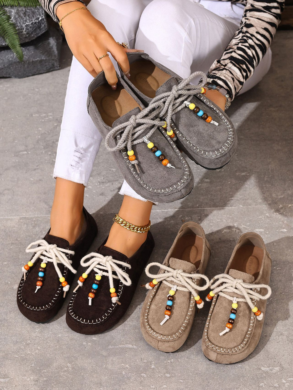 Lace-up Beaded Casual Suede Retro Round Toe Flat Shoes