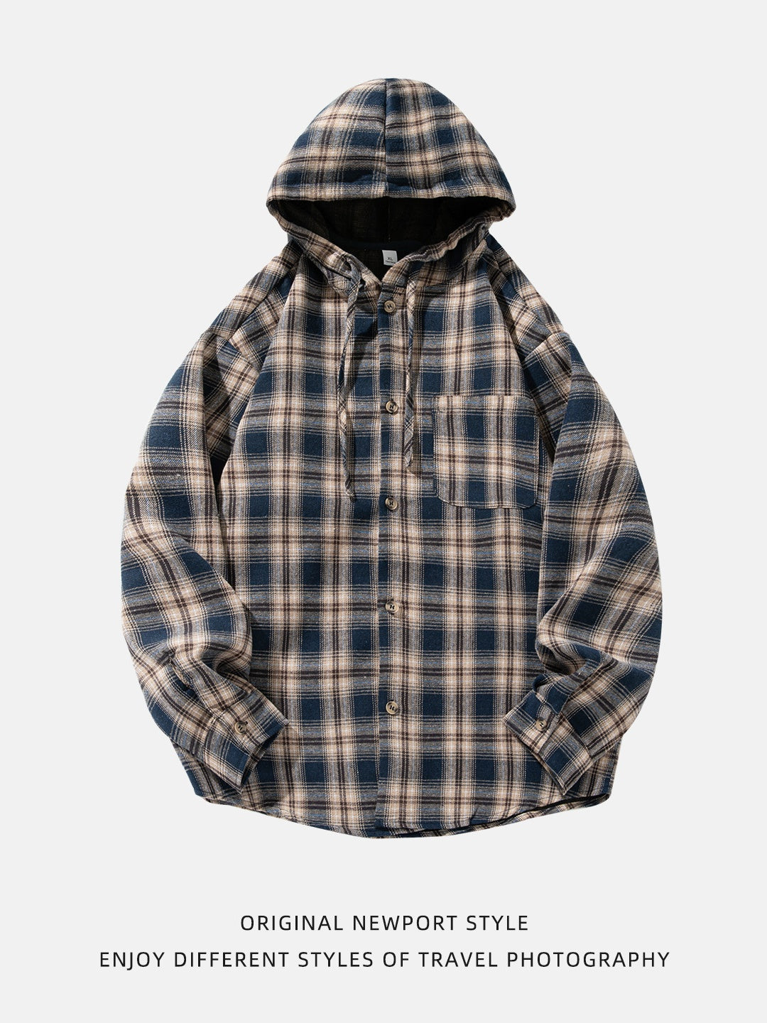 Color-blocked Plaid Hooded Shirt