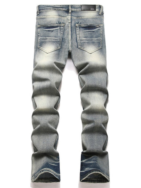 Punk Blue Slim Stretch Orange Patches Straight Flared Jeans