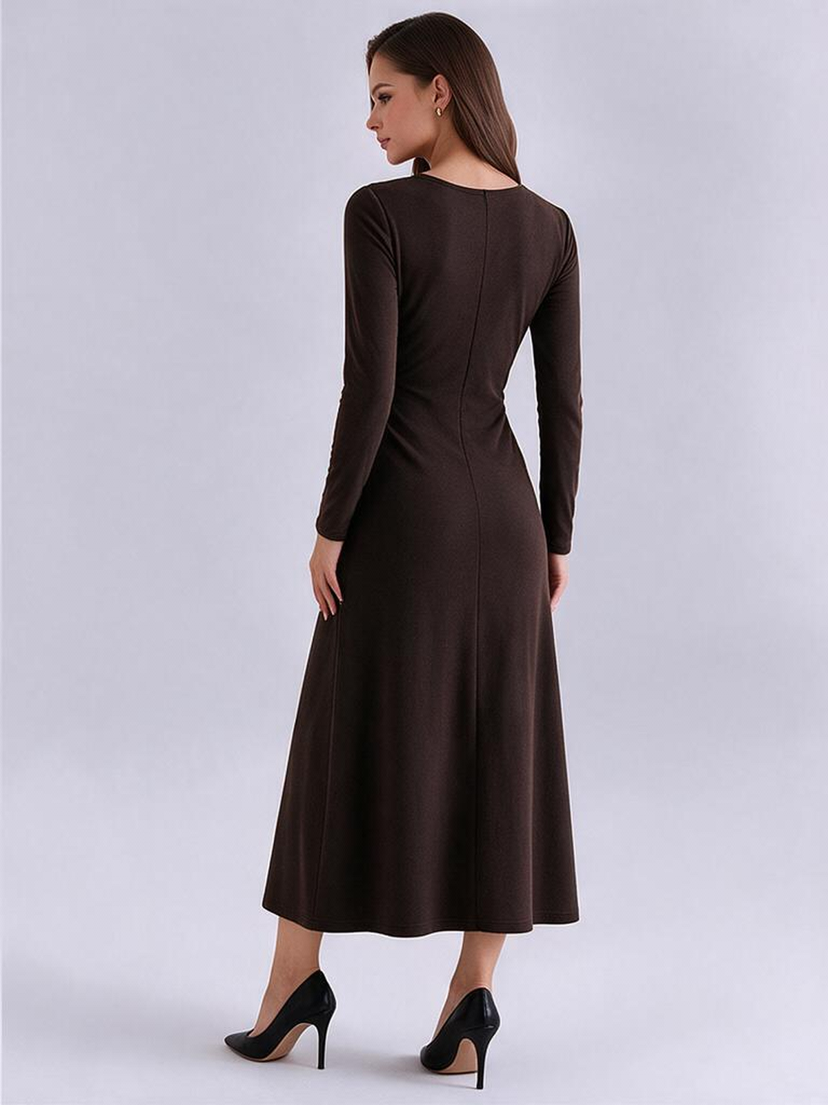 Hollow-out Design With Metallic Embellishments, Long-sleeved, Round-neck Maxi Dress