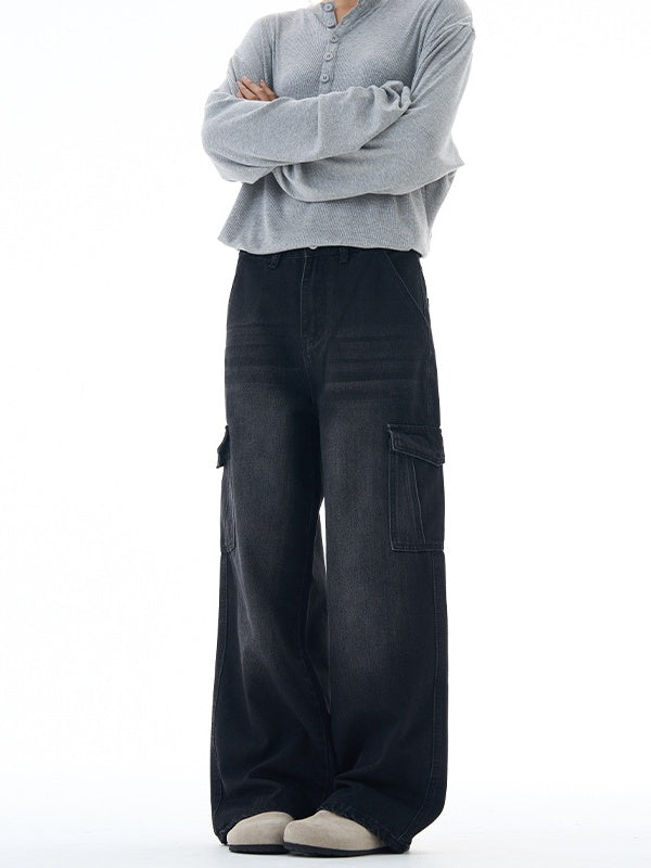 Washing Stereo Multiple Pockets Tooling All-match Wide-leg Pants Jeans