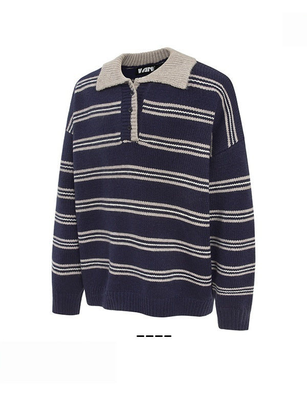 Stripes Contrasting Colors Polo Collar Loose Sweaters