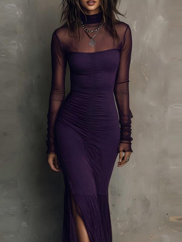 Sexy Solid Color Patchwork Long-sleeved Slit Maxi Dress