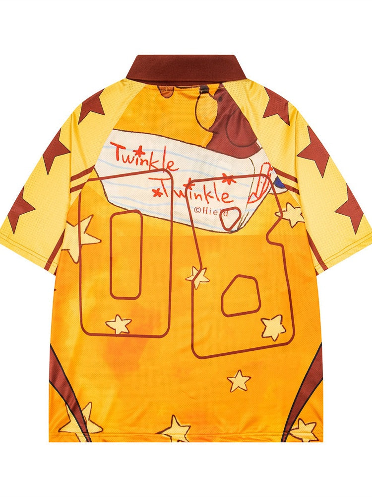 Cartoon Printed Loose-fit Breathable Mesh Polo Shirts