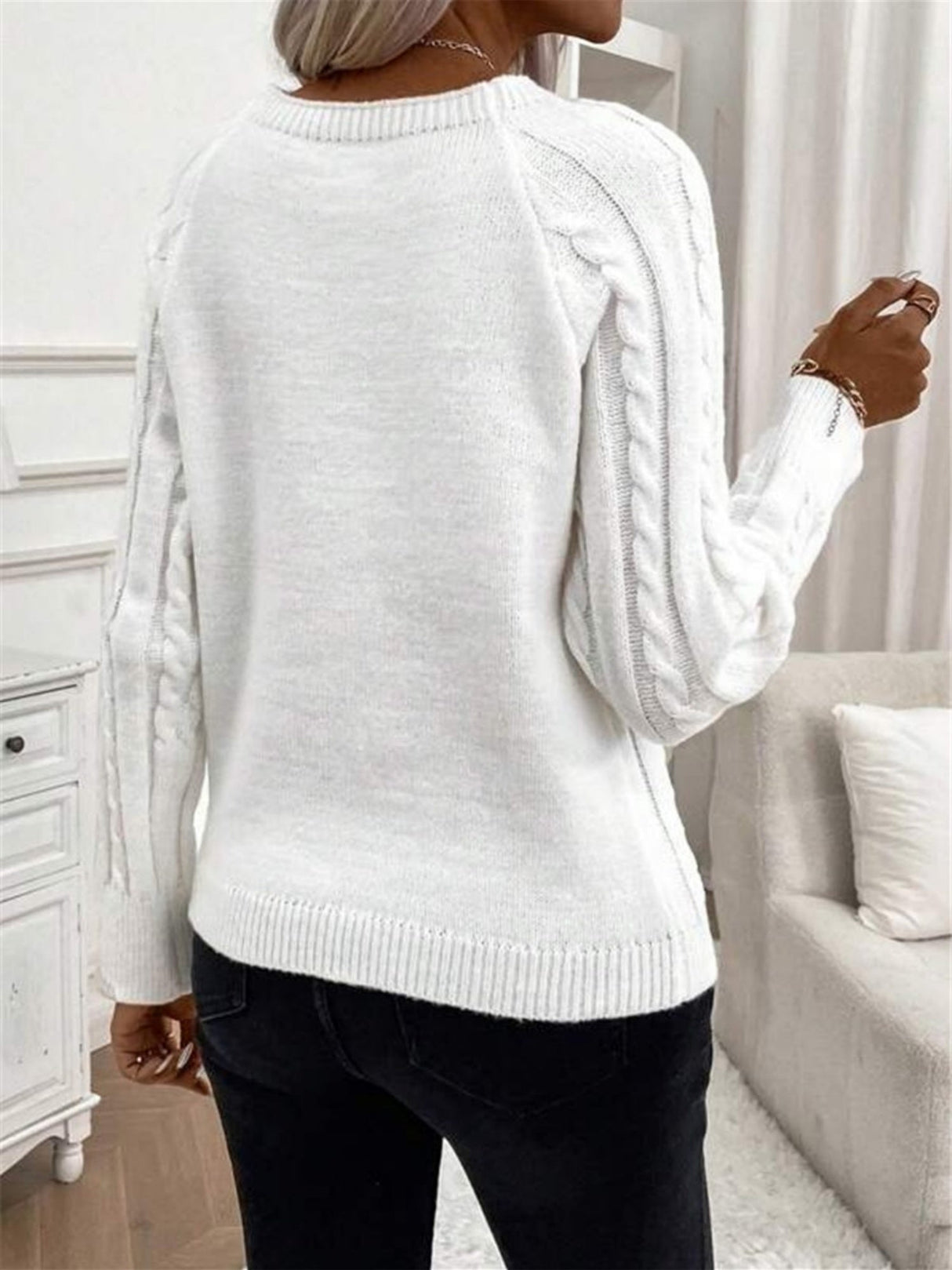 Buttons Raglan Sleeves Twisted Flower Knitted Crew Neck Sweater