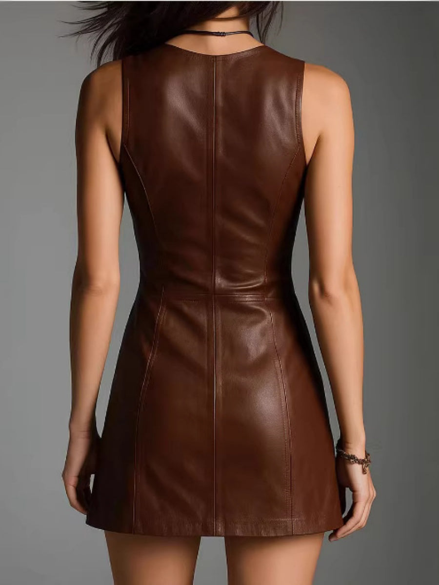 【EXPÉDITION NORMALE】Robes courtes et mini sans manches en cuir PU avec fermeture éclair et col en V