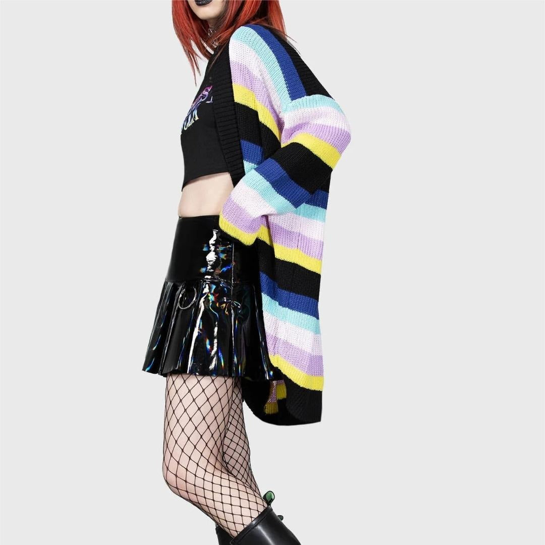 Contrasting Color Cardigan Stripes Colorful Knitted Cardigan